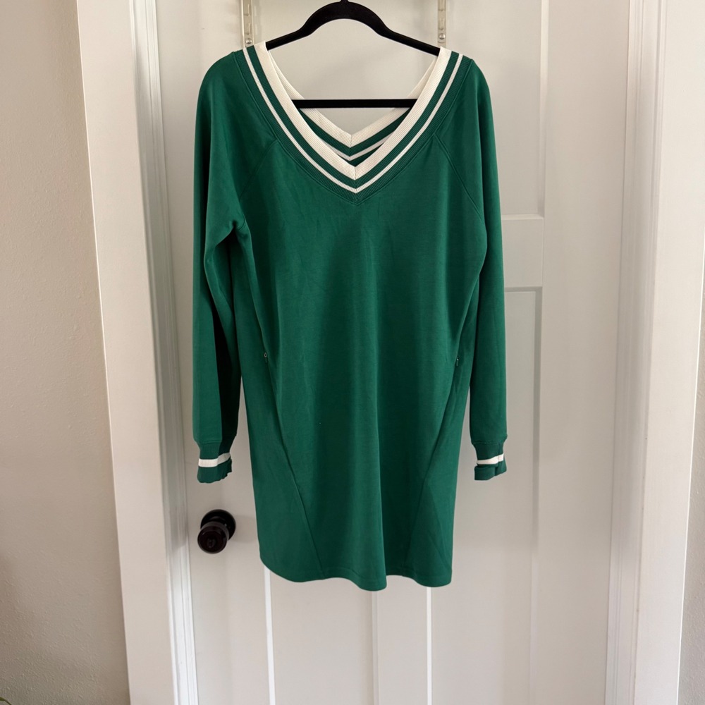 Offline by Aerie ChillUp Mini Dress Green White Varsity Stripe V-Neck Medium NEW